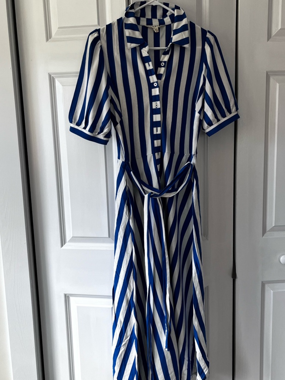 Boden Blue and White Vertical Stripe Maxi Shirt Dress with Tie.